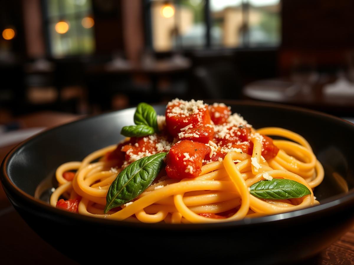 Italiensk pasta og pizza servert på bord
